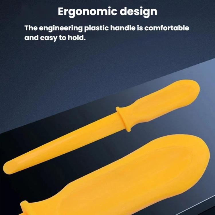 Two yellow plastic pry bars with ergonomic handle grips