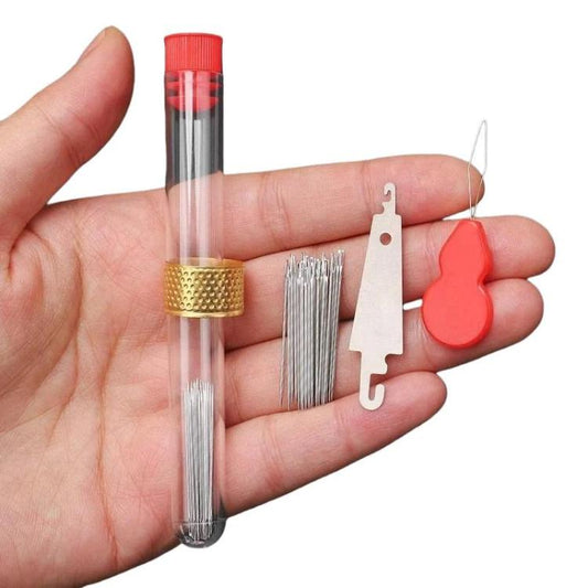 Large-hole sewing needle set, silver needles in clear tube with red cap and red threader