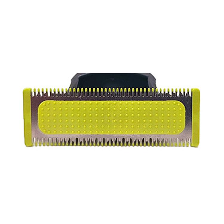Electric shaver blade head with yellow perforated guard and silver cutting teeth