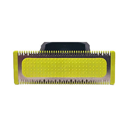 Electric shaver blade head with yellow perforated guard and silver cutting teeth