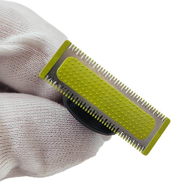 Electric shaver blade head close-up with yellow perforated guard and silver teeth