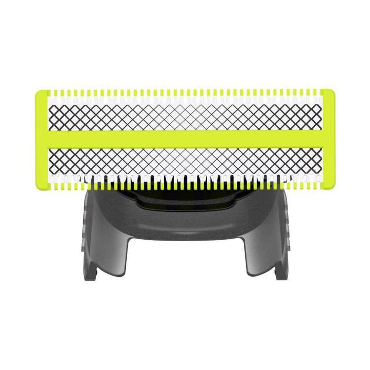 Electric shaver blade head with yellow frame and black diamond mesh cutter strip