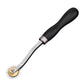 Leather marking wheel tool with serrated roller and black handle, silver frame