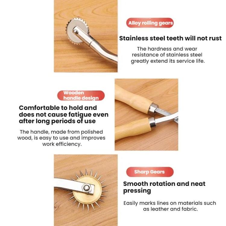 Leather marking wheel tool showing wooden handle and roller gear teeth detail
