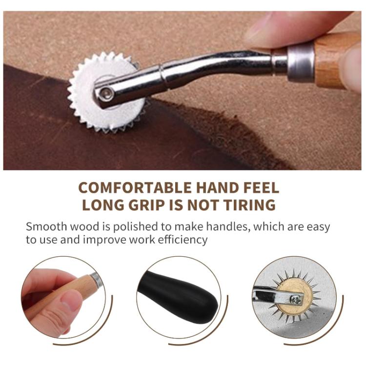 Leather marking wheel tool marking fabric with toothed wheel near metal and wood handle