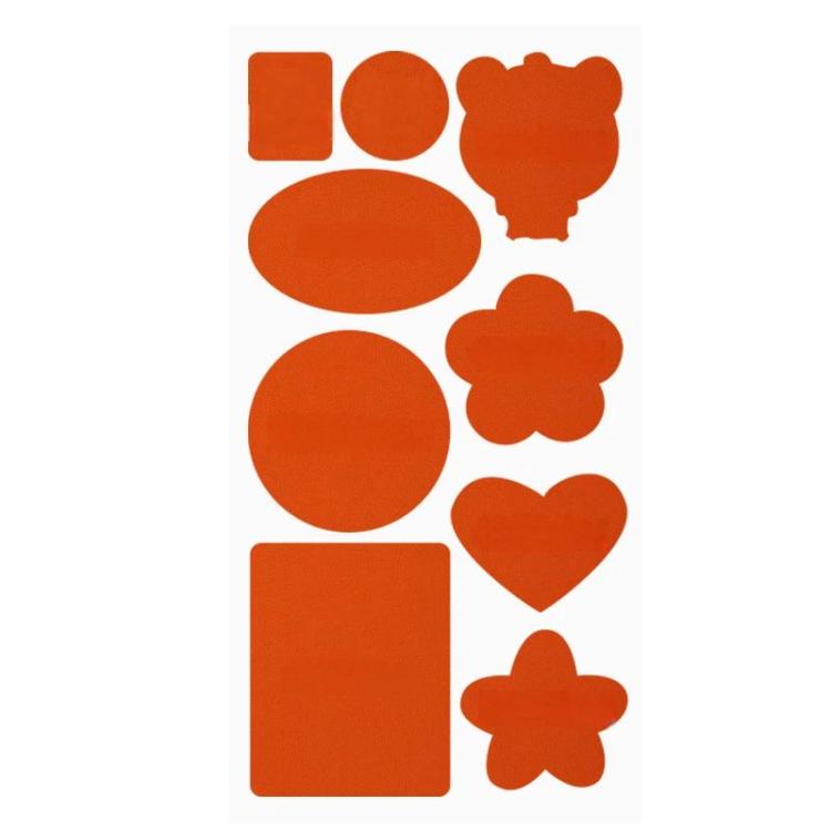 Leather repair patch set, orange mixed shapes: circles, ovals, squares, hearts, flowers