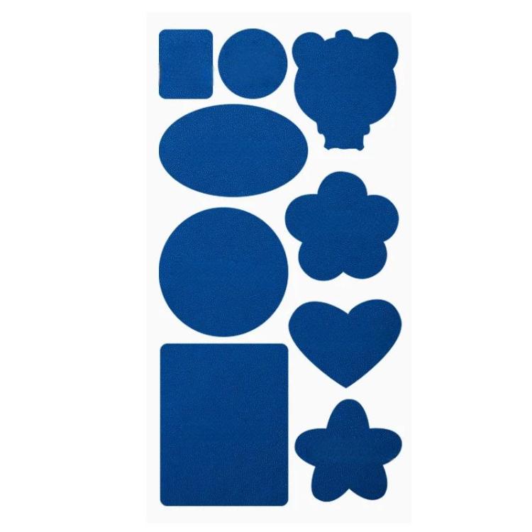 Leather repair patch set, blue mixed shapes: circles, ovals, squares, hearts, clover