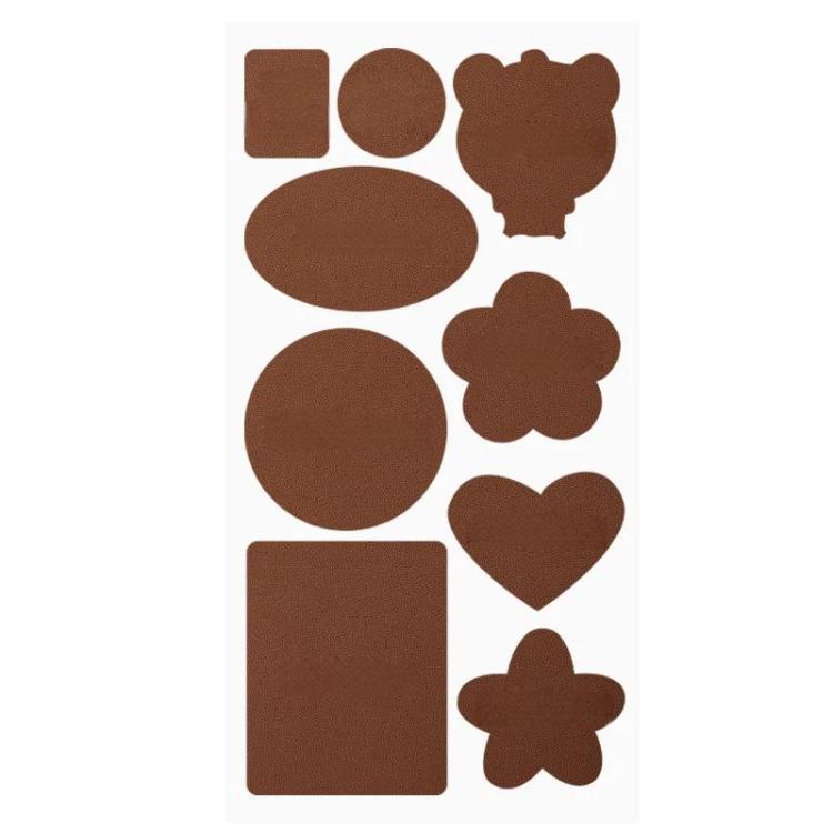 Leather repair patch set, light brown mixed shapes: circles, ovals, squares, hearts, flowers