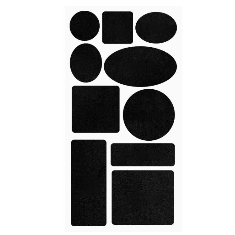 Leather repair patch set, black mixed shapes: circles, ovals, rectangles, squares