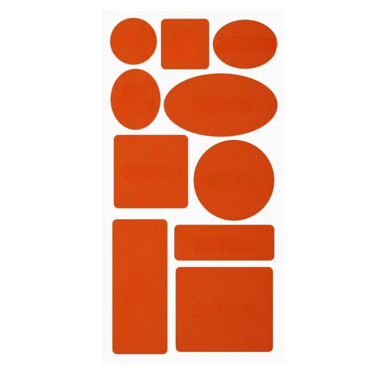 Leather repair patch set, orange mixed shapes: circles, ovals, rectangles, squares