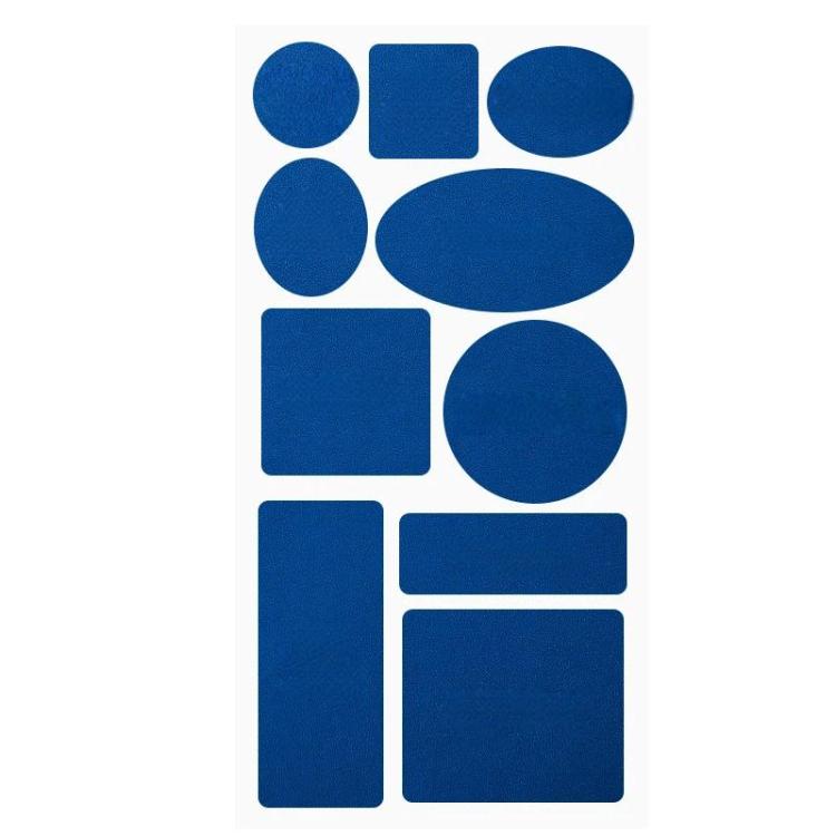 Leather repair patch set, blue mixed shapes: circles, ovals, rectangles, squares