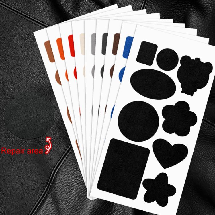 Leather repair patch set with black cutout shapes on white backing sheets