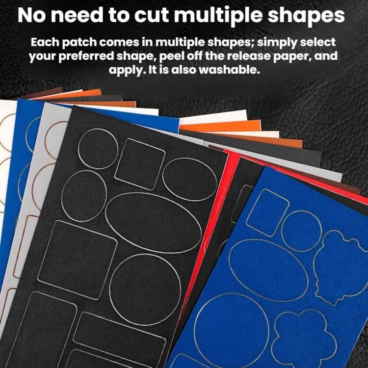Assorted leather repair patch templates with dark and blue outlines on backing sheets
