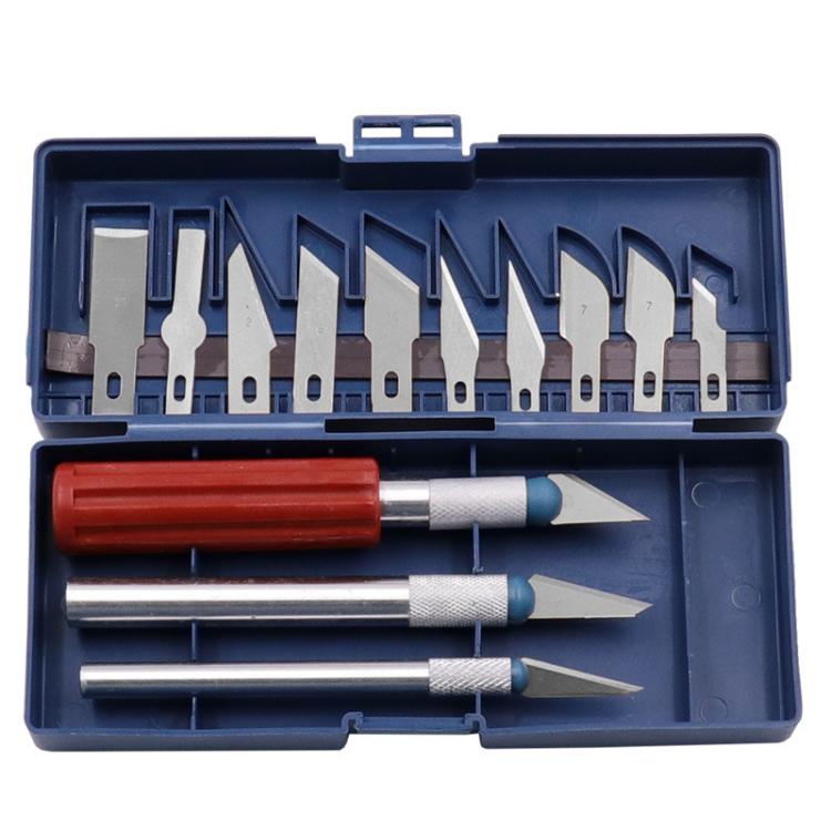 Metal engraving knife set in blue plastic case, 13 blades and cutters