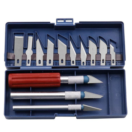 Metal engraving knife set in blue plastic case, 13 blades and cutters
