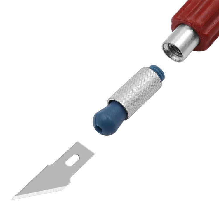 Engraving cutter with red handle, silver blade, and blue rubber grip