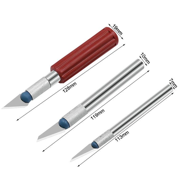 Three engraving knives with red/silver handles, blue tips, and blade length marks