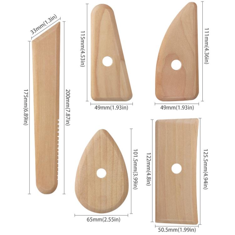 Wooden carving tools set with finger holes, leaf and wedge shapes, and comb blade