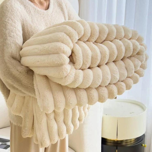 Cream rabbit plush throw blanket with layered, ruffled texture for sofa or car