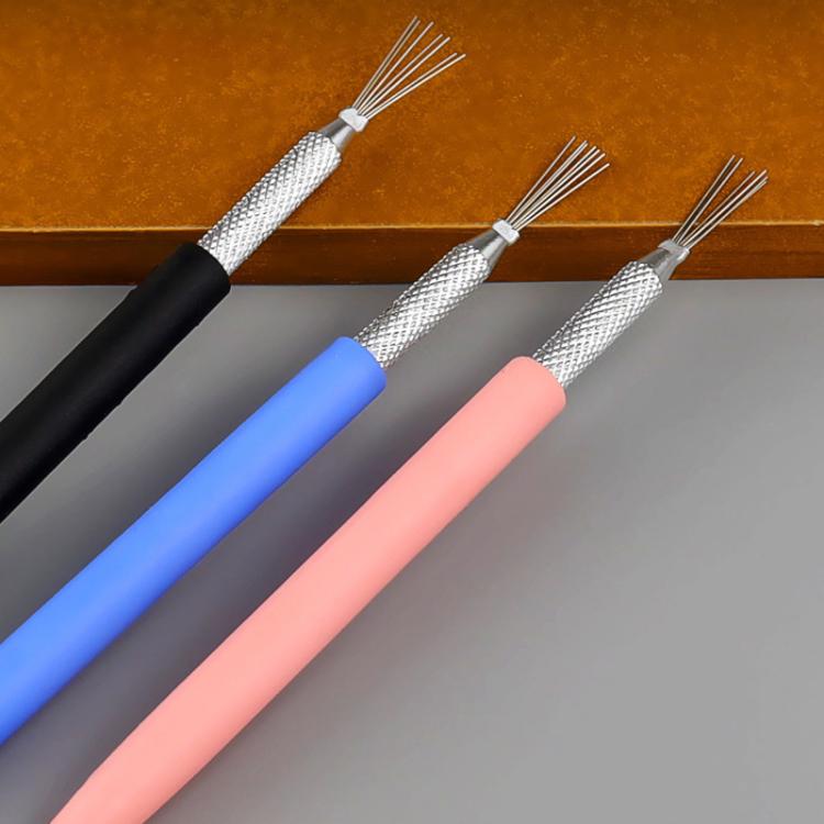 Three pottery texture brushes with silver needle bundles and black, blue, pink grips