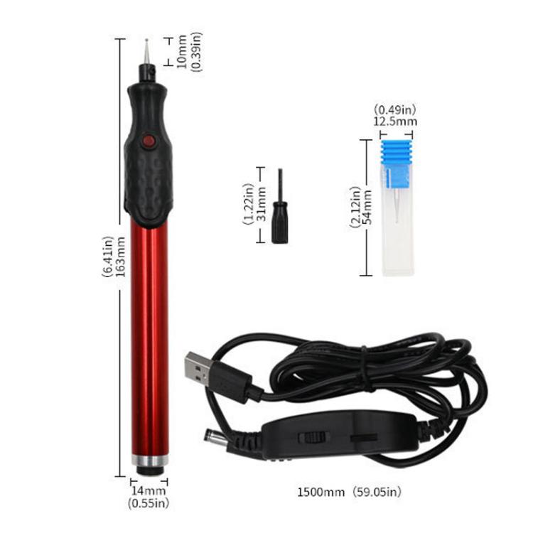 USB engraving grinder pen with measurement layout, black cord, and grinding head