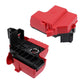 Red battery terminal circuit breaker housing with exposed black connector terminals