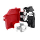 Red and black battery terminal circuit breaker with metal contact bracket and studs