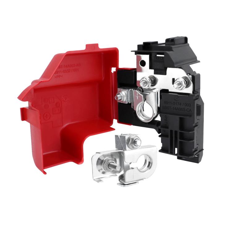 Red and black battery terminal circuit breaker with metal contact bracket and studs