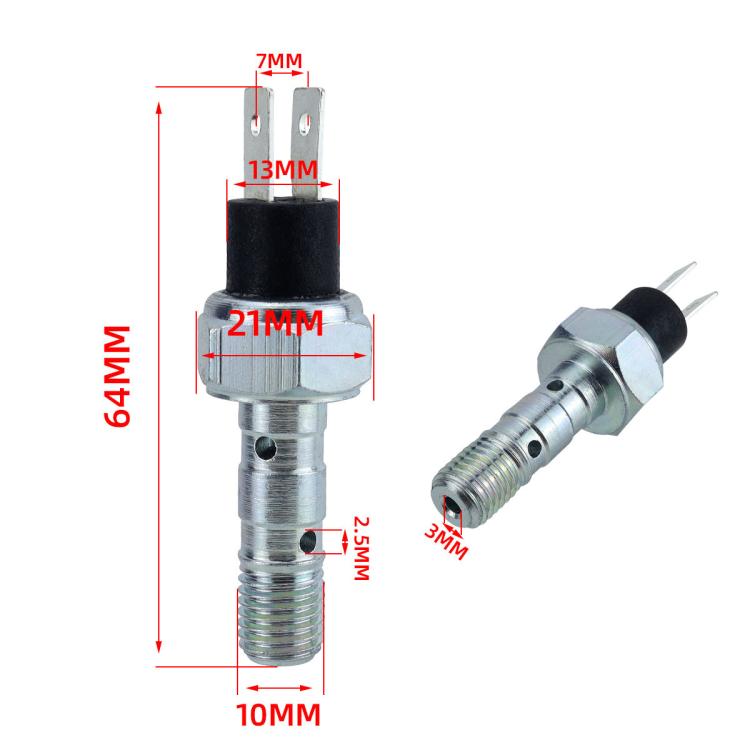 Brake sensor switch with mounting tabs, black insulator, and threaded metal stem