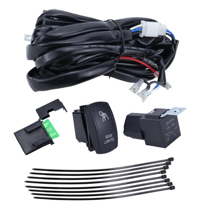 UTV rock lights wiring harness kit with black wire bundle, switch, relay, and leads