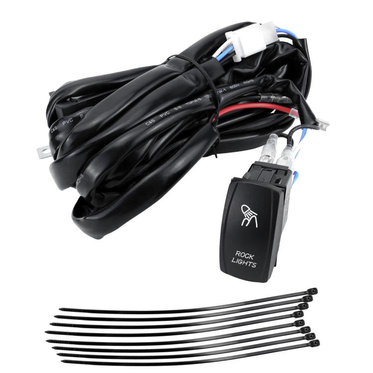 UTV rock lights wiring harness kit with black wire harness, switch, and long light leads