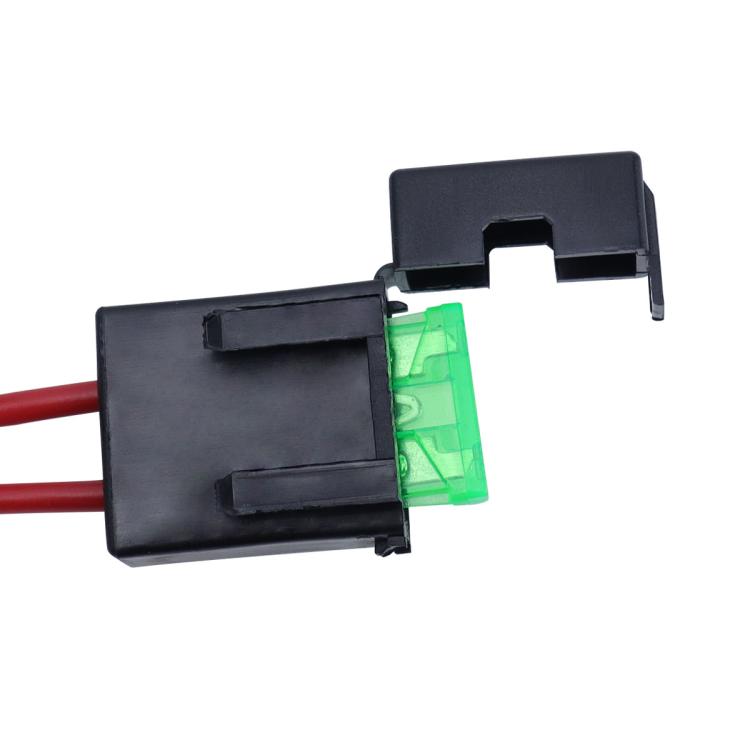 UTV relay connector with green fuse window and two red wire leads