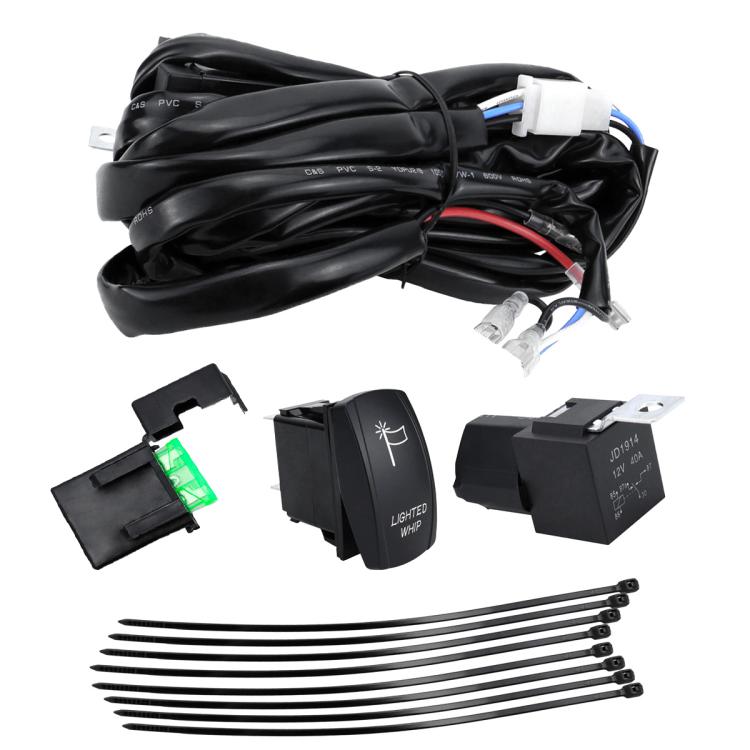 UTV lights wiring harness kit with black wire bundle, light switch, relay, and leads