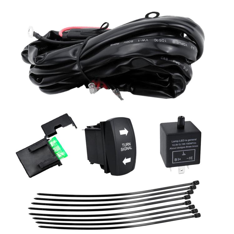 UTV turn signal wiring harness kit with black wire bundle, turn switch, relay, and leads