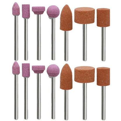 Assorted mounted sanding and polishing grinding heads on metal shanks, pink and orange