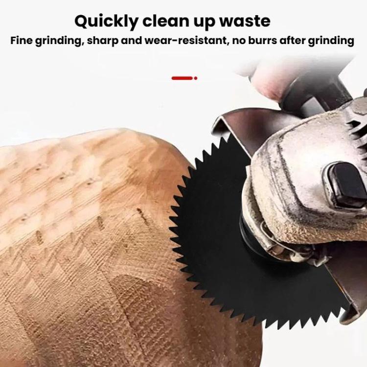 Serrated black grinding disc cutting on metal surface, mounted on grinder