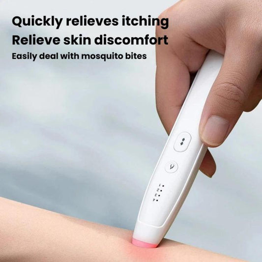 Infrared anti-itch pen pressed to skin with glowing pink heating tip