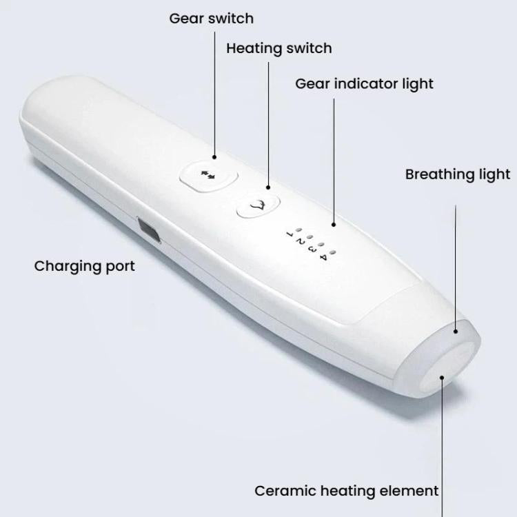 Infrared anti-itch pen showing charging port, gear switch, and indicator lights
