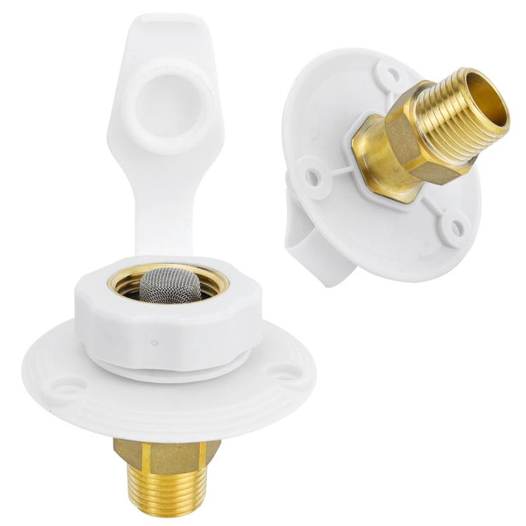 White inlet check valve housing with brass threaded fitting and mesh screen