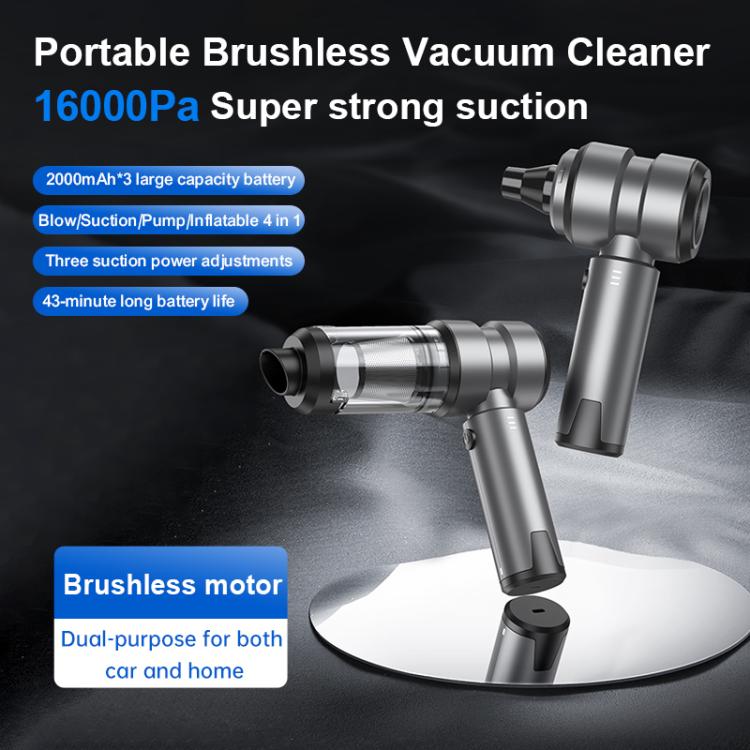 Portable gray cordless brushless vacuum cleaner with clear dust cylinder and handle stand
