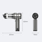 Handheld cordless vacuum with round nozzle head; size diagram from multiple angles (mm)
