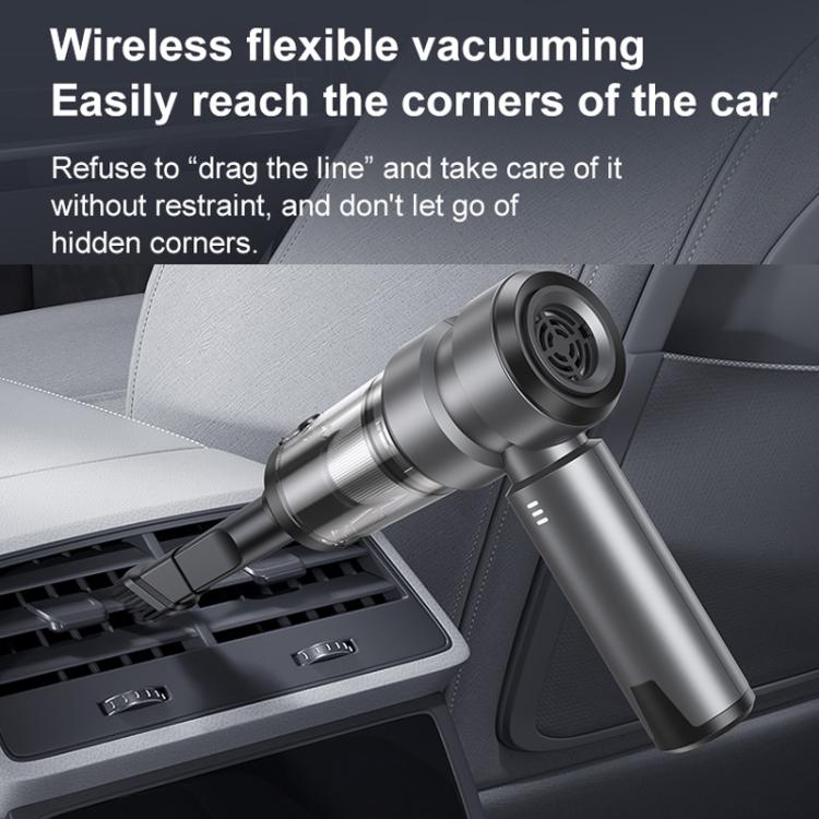 Gray cordless vacuum cleaner cleaning car seat crevices with round suction head