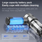 Gray cordless vacuum with blue battery pack module and clear dust canister