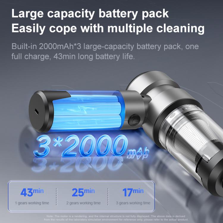 Gray cordless vacuum with blue battery pack module and clear dust canister