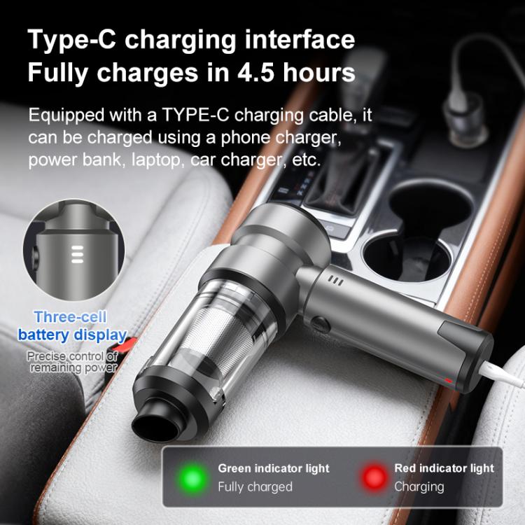 Gray cordless vacuum with Type-C charging cable and indicator lights for battery status