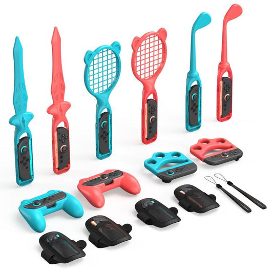 14-in-1 sports accessory set with tennis rackets, swords, and controller grip attachments