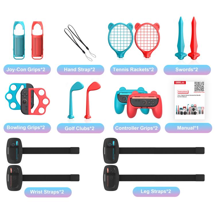 14-in-1 sports accessory set layout with tennis rackets, swords, grips, and straps