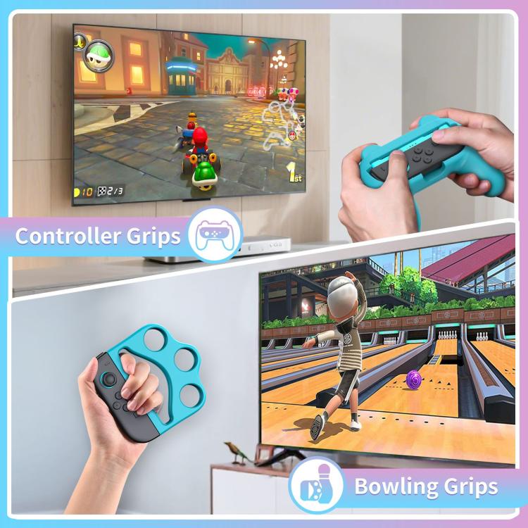 Blue controller grips and black bowling grips for Switch game accessories