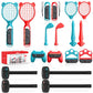 Full 14-in-1 set with blue/red tennis rackets, swords, controller grips, and leg straps