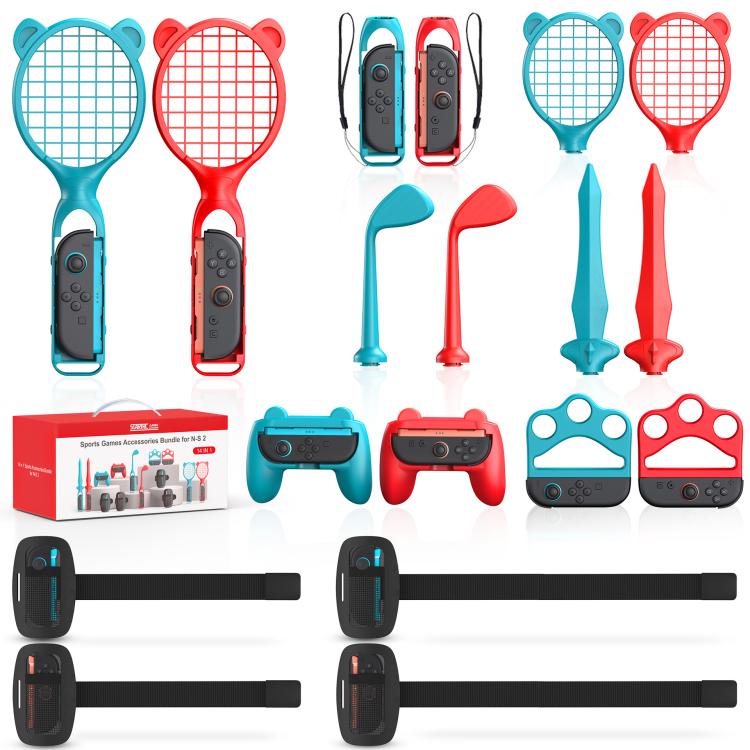 Full 14-in-1 set with blue/red tennis rackets, swords, controller grips, and leg straps